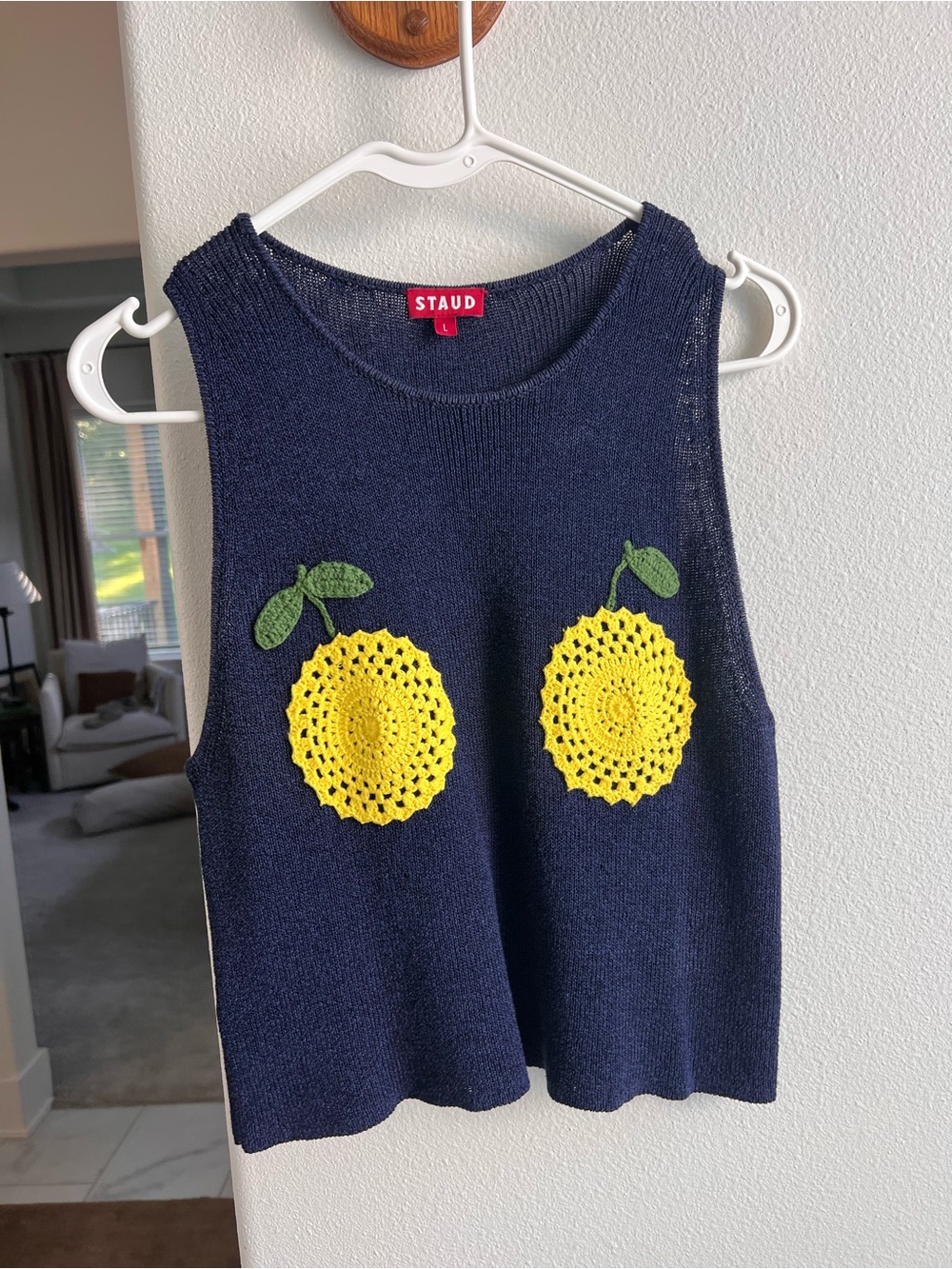STAUD Navy Knit Tank with Yellow Crochet Fruit Motifs